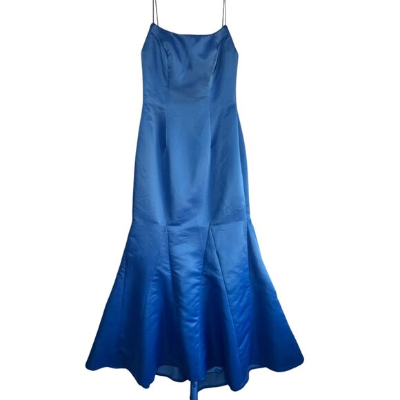 Jovani Blue Satin Sleeveless Rhinestone U Back Mermaid Trumpet Long Dress Sz 10 - Picture 4 of 15